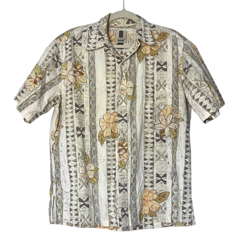 Tori Richard Shirt Aloha Hawaiian Neutral Hibiscus Tropical Button-Up Cotton M‎